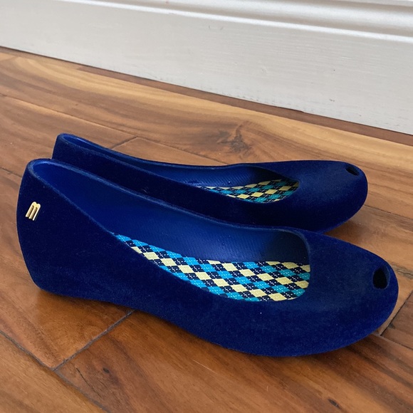 Melissa Ultra Girl Flocked Peep Toe Shoes Slip Ons Royal Blue Size 2 - Picture 2 of 7